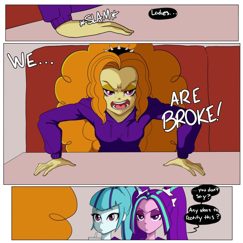 3girls adagio_dazzle aria_blaze blue_hair blue_skin comic english_text equestria_girls female female_only friendship_is_magic green_hair hasbro inuyuru magenta_eyes my_little_pony orange_hair page_1 pink_skin ponytail purple_hair sonata_dusk speech_bubble twintails two_tone_hair yellow_skin