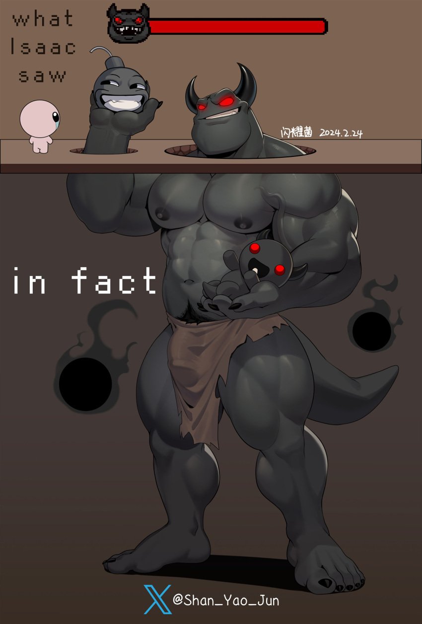 2_horns abs absurd_res barazoku barefoot biceps big_horn big_horn_(tboi) big_horn_(the_binding_of_isaac) big_muscles black_body black_horn black_nails bottomwear bulge clothed clothing colored_nails curved_horn demon detailed_bulge feet genitals glowing glowing_eyes grey_body grey_skin group hi_res holding_baby horn humanoid humanoid_genitalia humanoid_penis isaac_(the_binding_of_isaac) loincloth loincloth_only male muscular muscular_arms muscular_chest muscular_humanoid muscular_legs muscular_male nails naked_footwear no_sex pecs penis pink_body red_eyes shan_yao_jun size_difference smile smiling solo_focus the_binding_of_isaac topless torn_loincloth