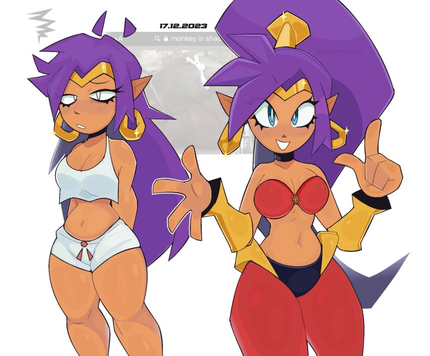 1girls bare_shoulders blue_eyes bra breasts crop_top dark-skinned_female dark_skin dynablade2 earrings female highres jewelry long_hair looking_at_viewer medium_breasts pants pointy_ears ponytail purple_hair shantae shantae_(character) short_shorts shorts sleeveless teeth underwear very_long_hair white_background