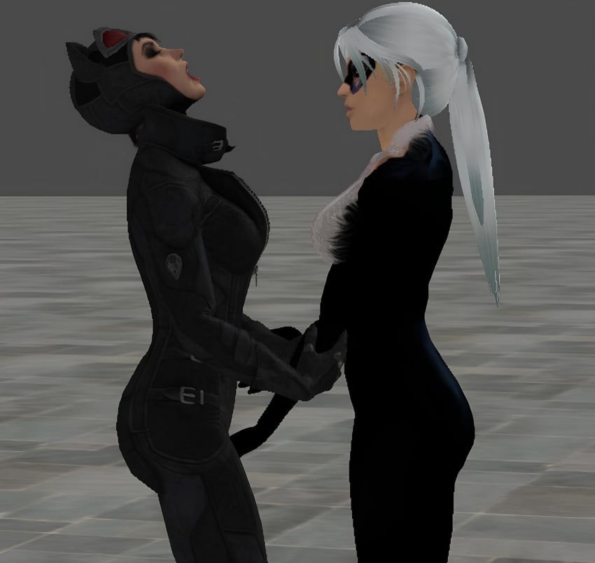 2girls 3d alstair2 batman:_arkham_city batman_(series) black_cat_(marvel) catwoman catwoman_(arkham) catwoman_(arkham_city) crossover crotch cuntbusting dc dc_comics felicia_hardy female female_only human human_only lowblow marvel marvel_comics no_bra selina_kyle spider-man_(series) unzipped unzipped_bodysuit