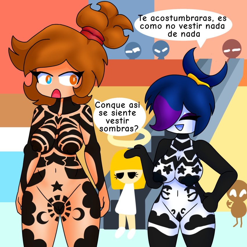 2girls ahzucar alissia_(zg_uwu) big_breasts big_butt blue_eyes blue_hair blue_skin heterochromia hi_res multiple_girls orange_eyes orange_hair people_in_background public public_exposure purple_hair shadow_clothes shapes simple_background sleeper_(zg_uwu) spanish_text text text_bubble two_tone_hair zg_uwu