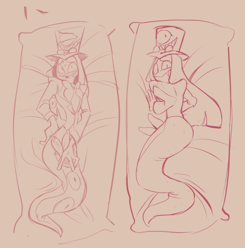 bottomless_male calaziike calazotauvu dakimakura dakimakura_design diphallia diphallism glasses_on_head hat hazbin_hotel human_artistblush male male_naga male_only multi_genitalia multi_penis naga nervous nervous_smile no_ai penis reptile scalie sir_pentious_(hazbin_hotel) smile snake solo solo_male suit vivienne_medrano