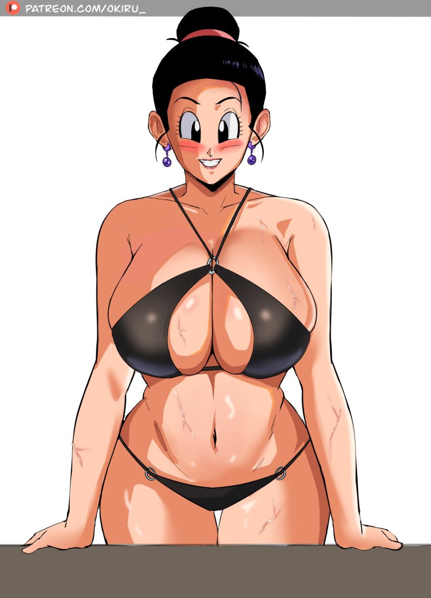 1girls big_breasts bikini bikini_bottom bikini_top black_bikini black_hair blush bottomwear breasts chichi dragon_ball ear_piercing female_only hair hair_bun hips huge_breasts mature mature_female mature_woman milf mother panarandom plump plump_ass smile solo solo_female thick_thighs thighs wide_hips