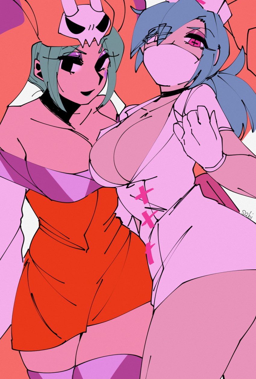 2girls aqua_hair blue_hair breasts cerebella cerebella_(skullgirls) dress eyepatch_visible_through_hair gloves hat highres large_breasts looking_at_viewer mask multiple_girls nurse_cap orange_dress red_eyes sabi skullgirls valentine_(skullgirls) white_background