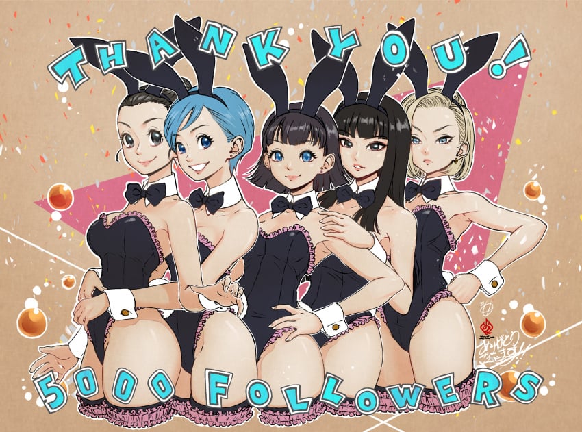 5girls absurdres alternate_costume android_18 animal_ears arms_around_waist bare_arms bare_legs bare_shoulders black_bow black_bowtie black_eyes black_hair black_leotard blonde_hair blue_eyes blue_hair blunt_bangs bow bowtie breasts bulma_(bunny) bulma_briefs chichi cleavage clenched_hand closed_mouth cropped_legs detached_collar dragon_ball dragon_ball_(classic) dragon_ball_super dragon_ball_z earrings english_text fake_animal_ears frilled_leotard frills frown grin hair_bun hair_slicked_back hand_on_own_hip highres hug hug_from_behind jewelry kanchiyo large_breasts leotard lips long_hair looking_at_viewer mai_(dragon_ball) medium_breasts milestone_celebration multiple_girls naughty_face neck parted_lips playboy_bunny rabbit_ears rabbit_tail serious short_hair smile standing straight_hair strapless strapless_leotard stud_earrings thank_you videl yuri