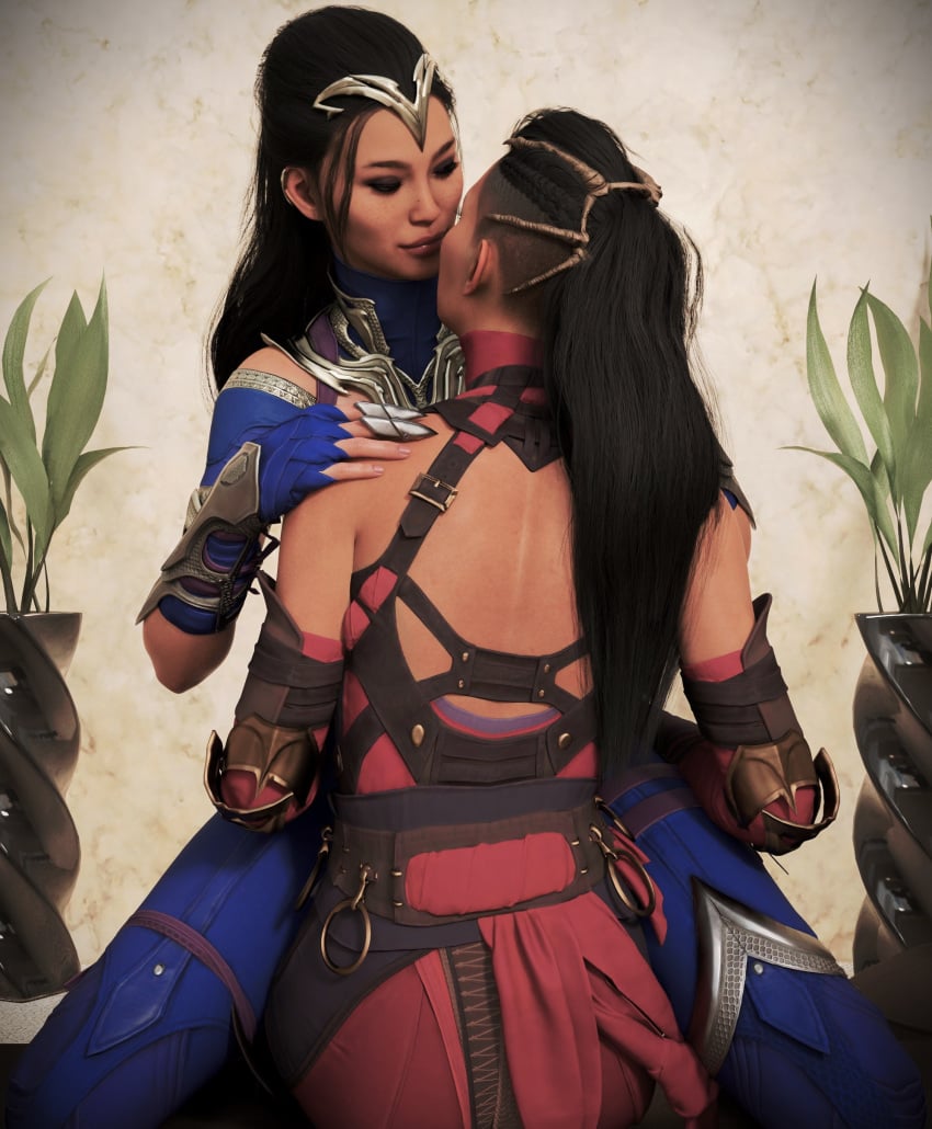 2girls 3d almost_kissing between_legs bisexual bisexual_female black_hair edenian embrace empress female female_only fingerless_gloves hand_on_shoulder imminent_kiss implied_kiss incest intimate kissing kitana kiteena long_hair mileena mortal_kombat mortal_kombat_1_(2023) princess rayalterego23 royalty siblings sisters straddling touching_lip twin_sisters twincest twins waist_grab yuri