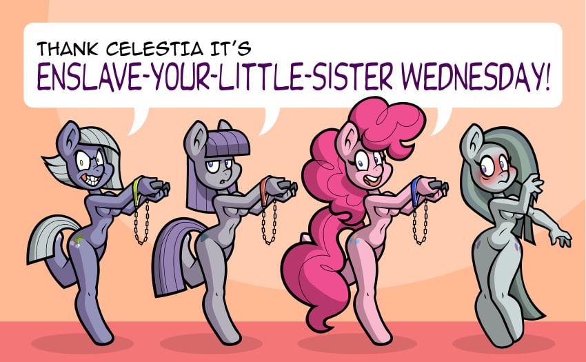 absurd_res anthro bondage bound english_text equid equine female female/female forced friendship_is_magic group group_nudity hasbro hi_res horse incest_(lore) limestone_pie_(mlp) mammal marble_pie_(mlp) maud_pie_(mlp) my_little_pony pinkie_pie_(mlp) pony text toonbat