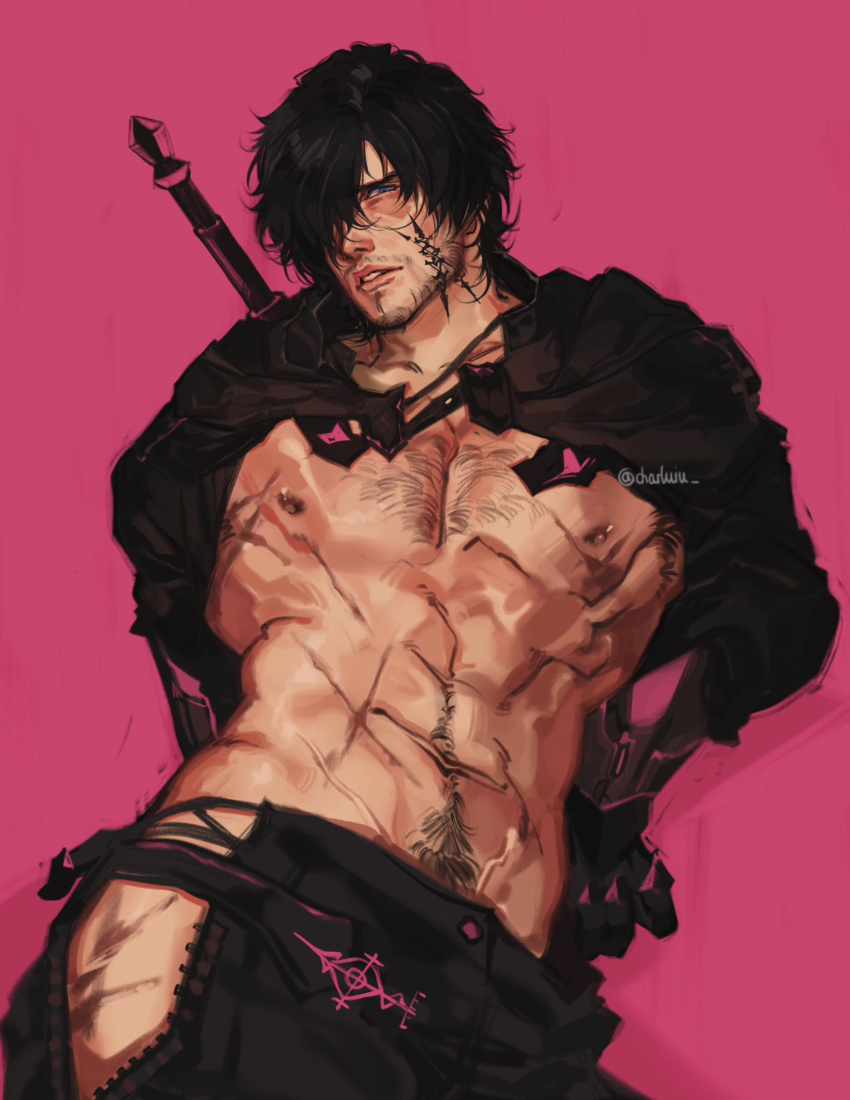 black black_clothing black_hair cape charluiu clive_rosfield coat confused_look final_fantasy final_fantasy_xvi hair_over_one_eye hairy_chest happy_trail hip_windows light-skinned_male light_skin male male_only malesub manly muscle muscles no_underwear pants pink pink_background scar scars_all_over short_hair snail_trail solo submissive_male sword topless watermark