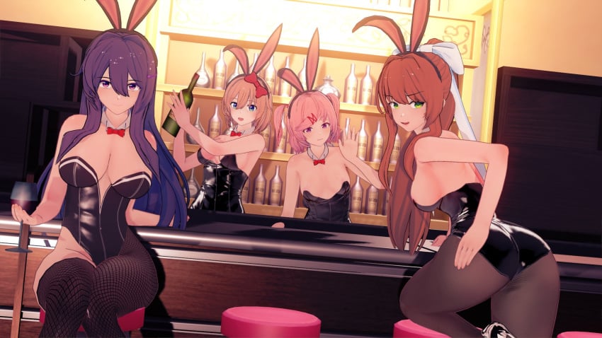 4girls alcohol bunny_ears bunny_girl bunnysuit doki_doki_literature_club koikatsu looking_at_viewer mashirosolera monika_(doki_doki_literature_club) natsuki_(doki_doki_literature_club) sayori_(doki_doki_literature_club) waitress wine wine_bottle wine_glass yuri_(doki_doki_literature_club)