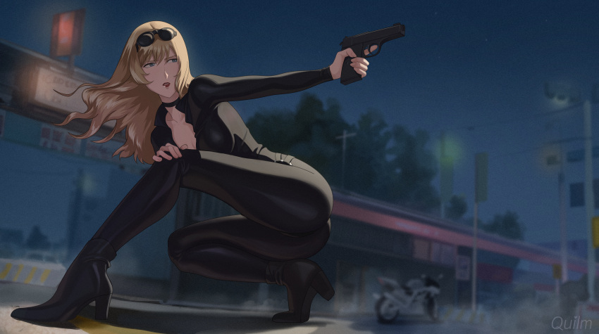 1girls bangs blonde_hair blue_eyes boots catsuit choker cowboy_bebop curly_hair eyewear_on_head gun heels julia_(cowboy_bebop) leather legs quilm red_lipstick sunglasses sunglasses_on_head thighs