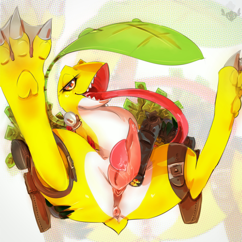 anthro anus bandai_namco bedroom_eyes cloacal_penis digimon erection frogmon genitals hi_res holster holstered_pistol long_tongue lovespell male male_only narrowed_eyes penis s seductive solo spread_legs spreading thigh_holster tongue yellow_body