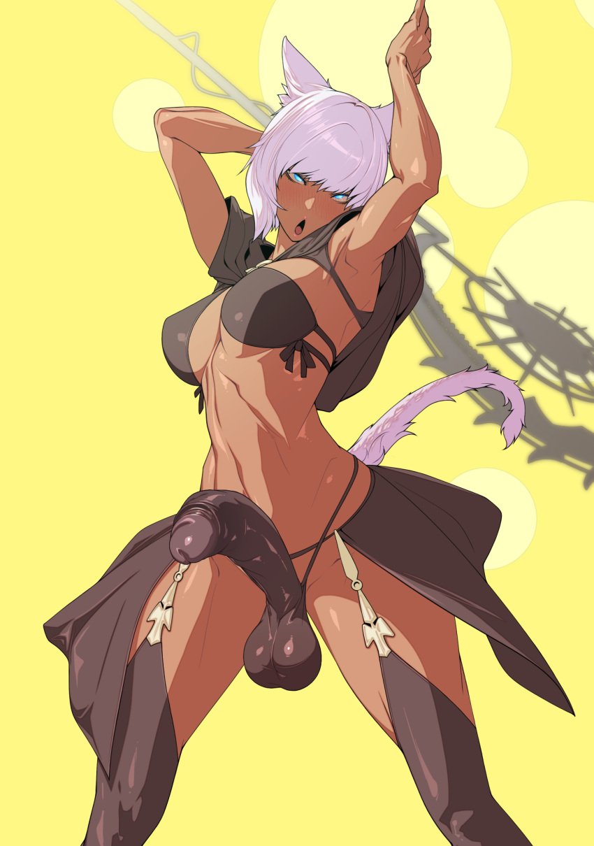 1futa animal_ears big_breasts big_penis black_bra black_panties blue_eyes bra breasts cat_ears cat_tail character_request clothed clothing dark-skinned_futa dark-skinned_futanari dark_skin erection erection_in_panties final_fantasy_xiv full-package_futanari futa_only futanari grin grinning grinning_at_viewer hi_res high_resolution highres humanoid humanoid_penis impossible_clothes kemonomimi legs legwear miqo'te mostly_nude muscular muscular_futanari nude orgasm orgasm_face panties penis short_hair solo staff standing thick_thighs thighs tomoyuki_kotani voluptuous weapon wear wearing_others_clothes white_hair