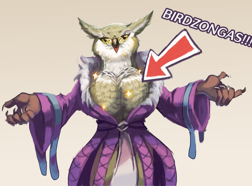 avian avian_humanoid bazonga big_breasts breasts claws feathers female furry glasses meme owl ramona_(unicorn_overlord) unicorn_overlord yellow_eyes