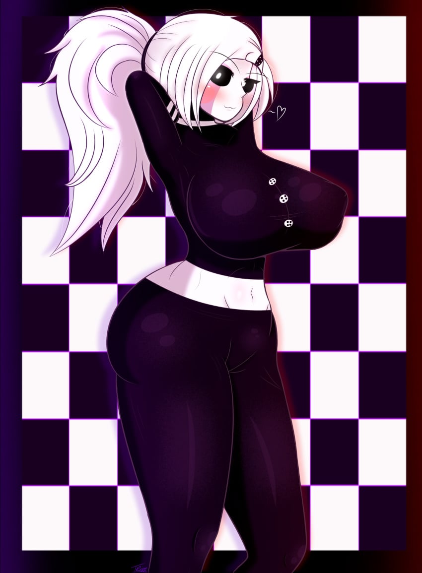 4k blush breasts breasts_bigger_than_head five_nights_at_freddy's five_nights_at_freddy's_2 five_nights_in_anime fnaf glowing_eyes gothtrishy hi_res highres huge_breasts long_hair marionette_(fnaf) ponytail puppet_(fnaf) shiny_clothes shiny_skin solo thick_thighs thighs tight_clothing tight_fit tiled_wall white_eyes white_hair