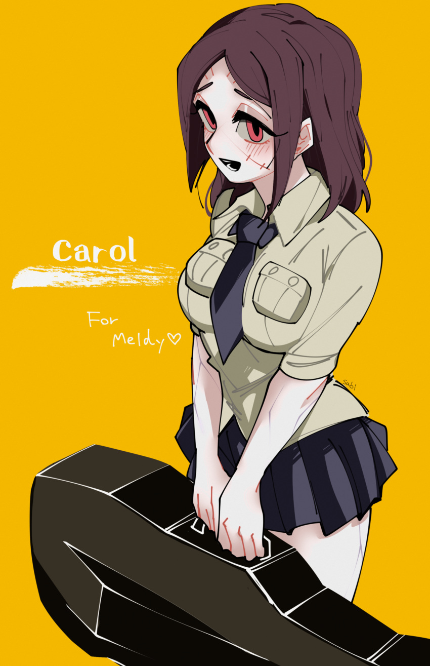 brown_hair carol_(skullgirls) cello_case female highres holding instrument_case looking_at_viewer necktie open_mouth painwheel_(skullgirls) red_eyes sabi scar school_uniform short_hair skirt skullgirls smile yellow_background