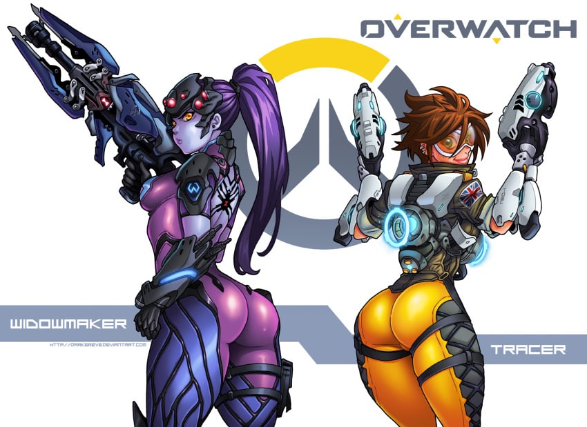 2d 2girls armor ass blizzard_entertainment blue_skin bodysuit brown_hair chronal_accelerator darkereve dat_ass dual_wielding earrings female female_only firearm fully_clothed goggles gun handgun harness headgear highres human jacket overwatch pistol ponytail purple_hair rifle short_hair standing tied_hair tight_clothes tracer visor weapon widowmaker yellow_eyes