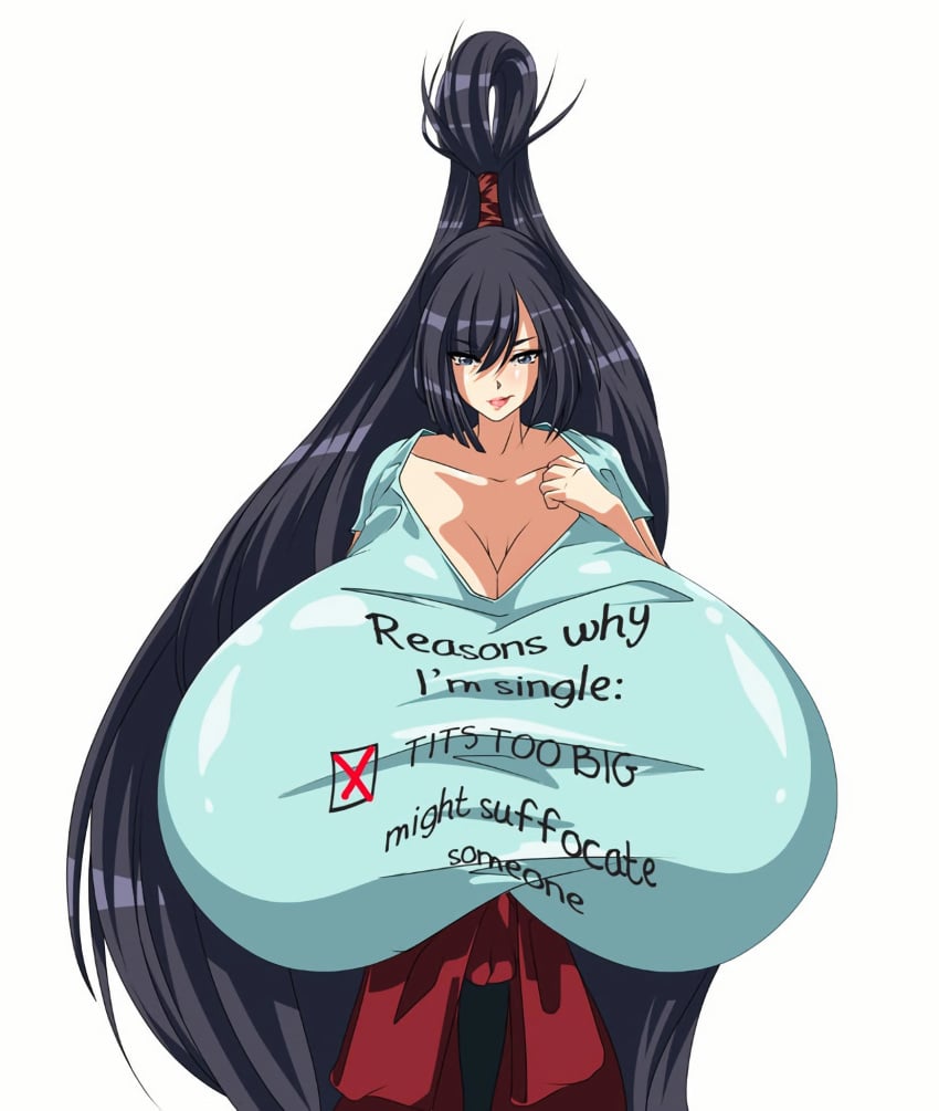 1girls alternate_version_available breasts_bigger_than_head breasts_bigger_than_torso enormous_breasts hyper hyper_breasts looking_at_viewer mortadela shirt_text solo_female tagme