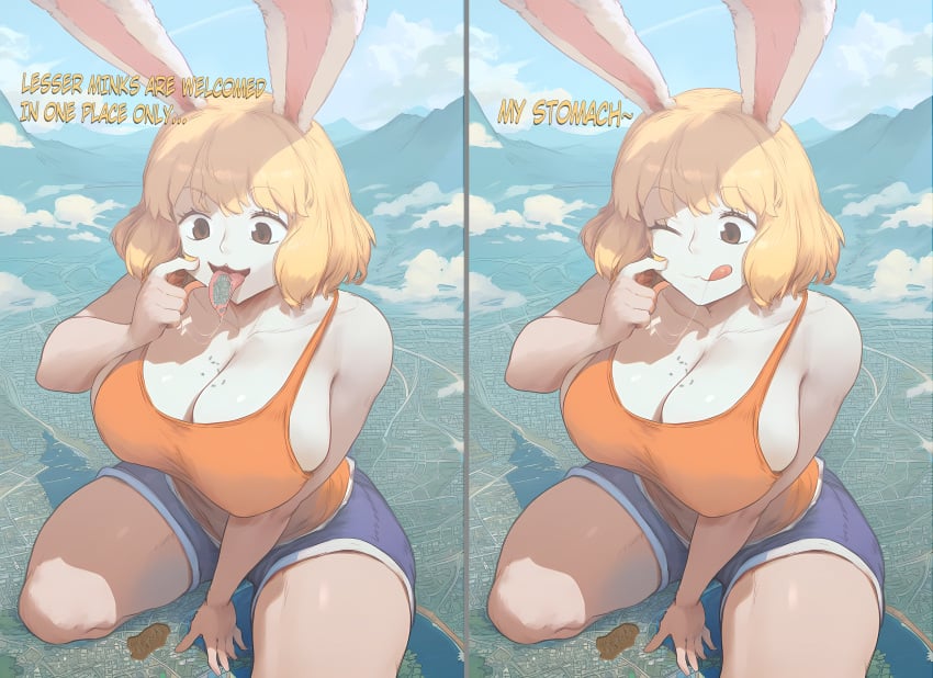 1girls ai_generated anthro blonde_hair bunny_ears bunny_girl carrot_(one_piece) dspaceous english_text female female_only female_pred giantess huge_breasts one_piece orange_tank_top rabbit short_hair shorts solo solo_female vore