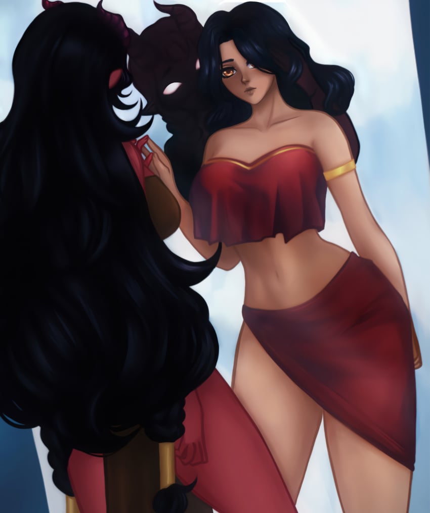 2girls altered_reflection armband artistic atmospheric black_hair crop_top crop_top_overhang dahlia_(day_of_wrath) dark-skinned_female dark_body dark_red_skin dark_skin day_of_wrath day_of_wrath_(doom_fanfic) demon demon_girl demon_horns demon_on_human demoness desire doom doom_(series) evil evocative exposed_midriff fancy_clothing fr04ek gold gold_(metal) gold_jewelry hand_in_another's_hair hand_in_hair hell infinitypilot long_hair melancholy midriff mirror mirror_reflection nostalgia nostalgic orange_eyes original original_character red_skin red_skirt red_top red_topwear reflection regal regret sad sad_expression sad_face seduction seductive shoulder_devil sinister skirt somber succubus succubus_horns temptation tempting tempting_another temptress tube_top tubetop white_eyes yearning yellow_eyes