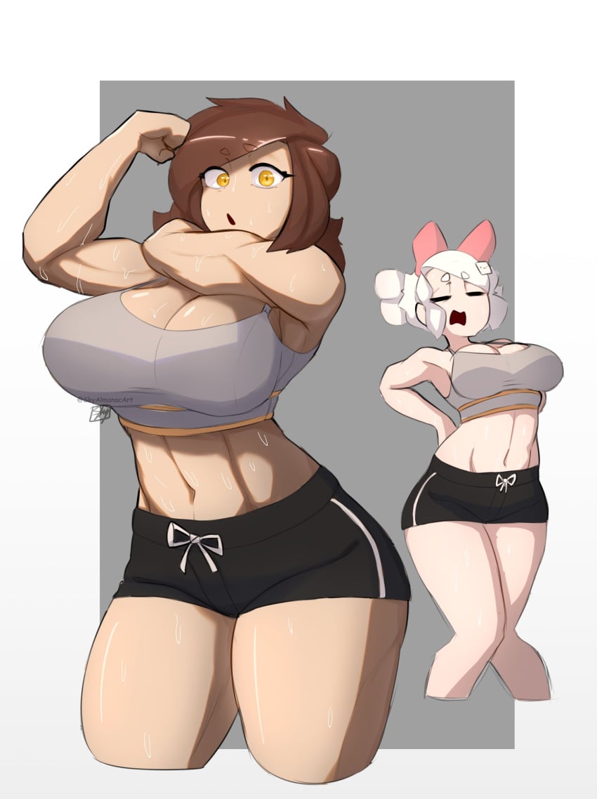 2girls artist_name back_pain kyurby_(zzzhodazzz) mel_(sky_almanac) muscular muscular_female shiny_skin shorts sky_almanac sports_bra sweat sweaty_body watermark zzzhadozzz