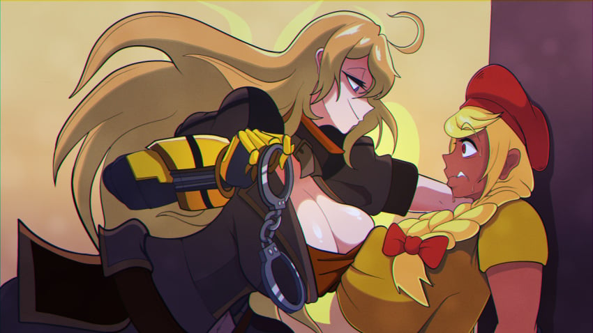 2girls blonde_female blonde_hair cleavage crossover daitomodachi daki_(daitomodachi) dark-skinned_female hand_cuffs kakyoin_waifu_connoisseur purple_eyes red_eyes robotic_arm rwby scared_expression tagme_(artist) yang_xiao_long