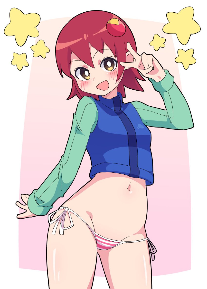 absurdres bikini bikini_bottom_only blue_shirt blush brown_eyes buzzlyears female hair_ornament highres looking_at_viewer mayl_sakurai mayl_sakurai_ mega_man mega_man_(series) mega_man_battle_network paid_reward_available red_bikini red_hair shirt side-tie_bikini_bottom simple_background solo striped_bikini striped_clothes swimsuit v white_bikini