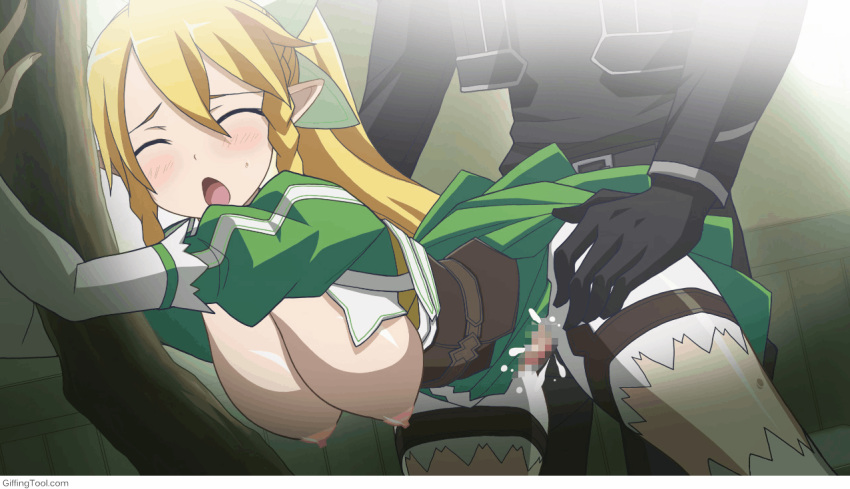 1boy :o alfheim_online animated blonde_hair breasts breasts_out censored clothed_sex doggy_style dress elf female from_behind gloves green_eyes hands_on_another's_hips kirigaya_kazuto kirito large_breasts leafa miyanose_you nipples pointy_ears sex solo_focus spriggan_(alo) standing standing_doggy_style sword_art_online sword_art_online:_fairy_dance sylph tagme