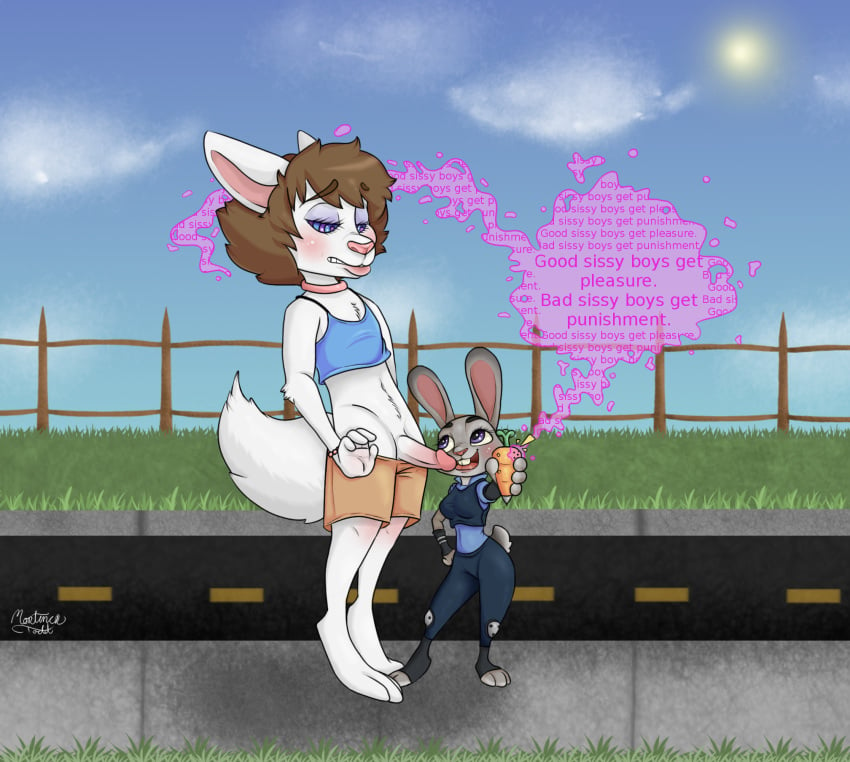 2017 anthro bottomwear brown_hair clothing commission crop_top digital_media_(artwork) disney duo english_text exhibitionism fellatio female fuyu_graycen girly hair hi_res hybrid hypnosis judy_hopps lagomorph leporid male mammal mind_control mortimer_todd oral outside penile rabbit sex shirt shorts size_difference spiral_eyes text topwear white_body zootopia