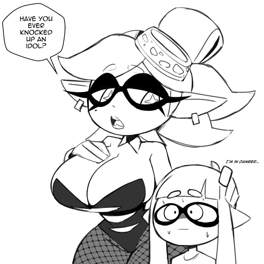 1girls ambiguous_gender big_breasts breasts dialogue female fishnet_legwear fishnet_stockings fishnets height_difference imminent_sex inkling inkling_girl marie_(splatoon) nelljoestar nintendo splatoon squid_sisters sweat text thick_thighs voluptuous