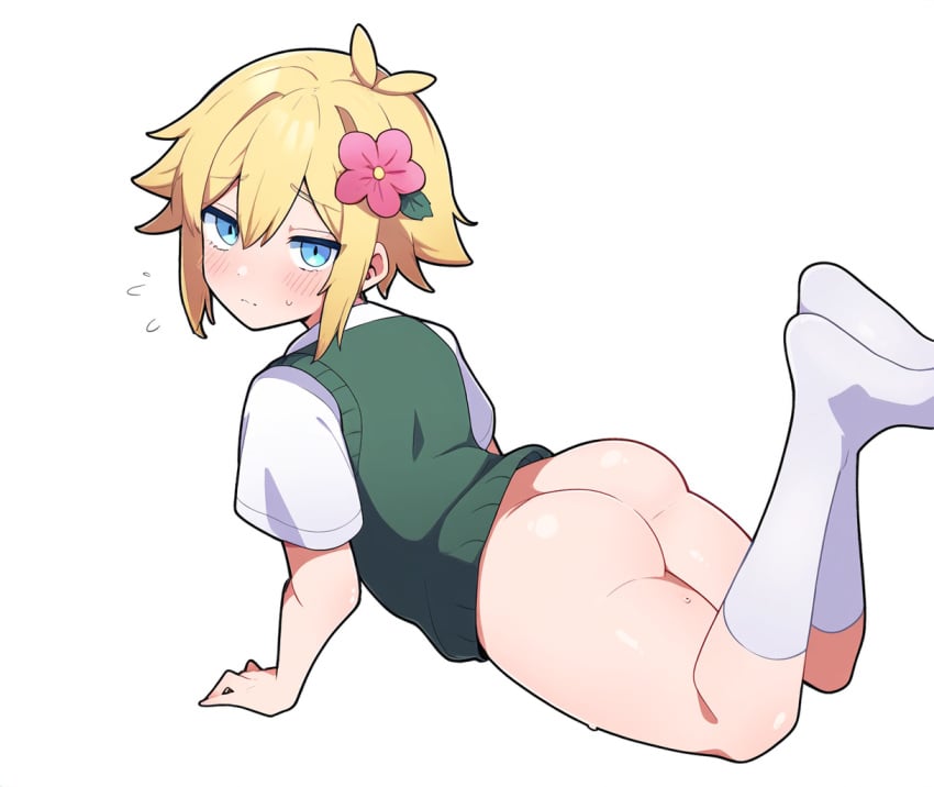 1boy aged_up ai_generated ass ass_focus basil_(omori) big_ass blonde_hair blue_eyes blush bottomless bottomless_male femboy flower_in_hair green_sweater_vest imminent_anal imminent_penetration imminent_sex large_ass looking_at_viewer looking_back novelai omori short_hair short_sleeves socks solo solo_focus solo_male teenage teenage_boy teenager white_socks