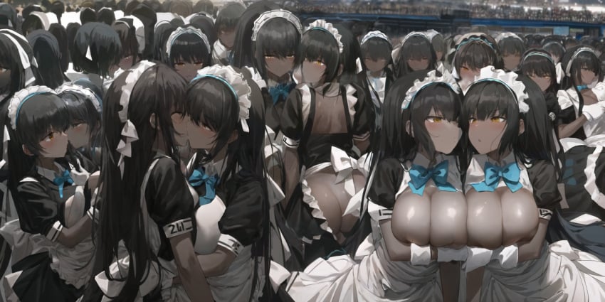 ai_generated ass blue_archive clonecest clones crowded giant_breasts greninjaja karin_(blue_archive) kissing maid_headdress maid_uniform orgy selfcest yuri