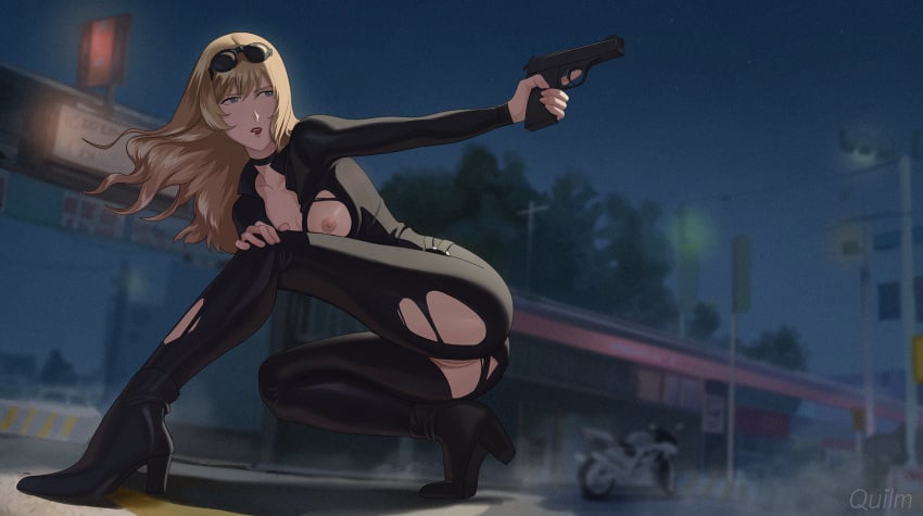 1girls bangs blonde_hair blue_eyes boots breasts catsuit choker cowboy_bebop curly_hair eyewear_on_head female gun heels human julia_(cowboy_bebop) large_breasts leather legs light-skinned_female light_skin long_hair nipples pussy pussy_lips quilm red_lipstick sunglasses sunglasses_on_head thighs