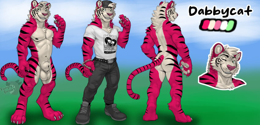 animal_genitalia anthro baseball_cap bottomwear clothing dabbycat felid footwear genitals hat headgear headwear hi_res male mammal model_sheet one_eye_closed panpy_draws pantherine pants paws sheath shirt shoes solo tagme tiger topwear wink