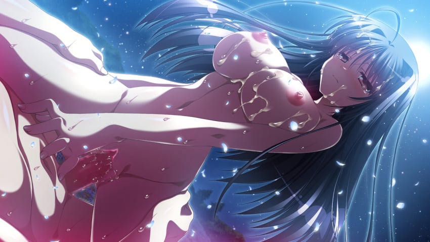 ahoge areolae black_hair blush breasts cum cum_on_breasts cum_on_hair facial female field flower flower_field game_cg long_hair male minori moon natsuzora_no_perseus navel night nipples nude outdoors penis petals pussy red_eyes sex shouna_mitsuishi straight tears tohno_ren uncensored vaginal_penetration yuzuna_hiyo