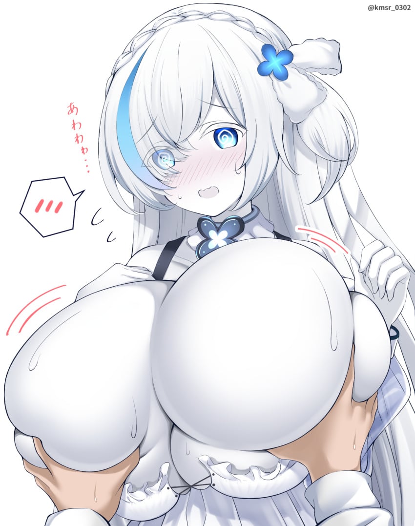 azur_lane blue_eyes blush breasts_bigger_than_head groping groping_breasts huge_breasts kmsr silver_skin tb_(azur_lane) white_background white_hair