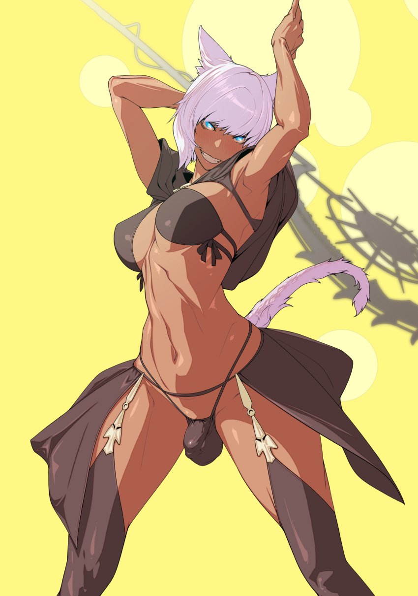 1futa animal_ears balls big_breasts black_bra black_panties blue_eyes bra breasts bulge bulge_through_clothing cat_ears cat_tail character_request clothed clothing dark-skinned_futa dark-skinned_futanari dark_skin final_fantasy_xiv flaccid futa_only futanari grin grinning grinning_at_viewer hi_res high_resolution highres humanoid humanoid_penis kemonomimi legs legwear medium_penis miqo'te mostly_nude muscular muscular_futanari nude panties penis short_hair solo staff standing thick_thighs thighs tomoyuki_kotani voluptuous weapon wear wearing_others_clothes white_hair