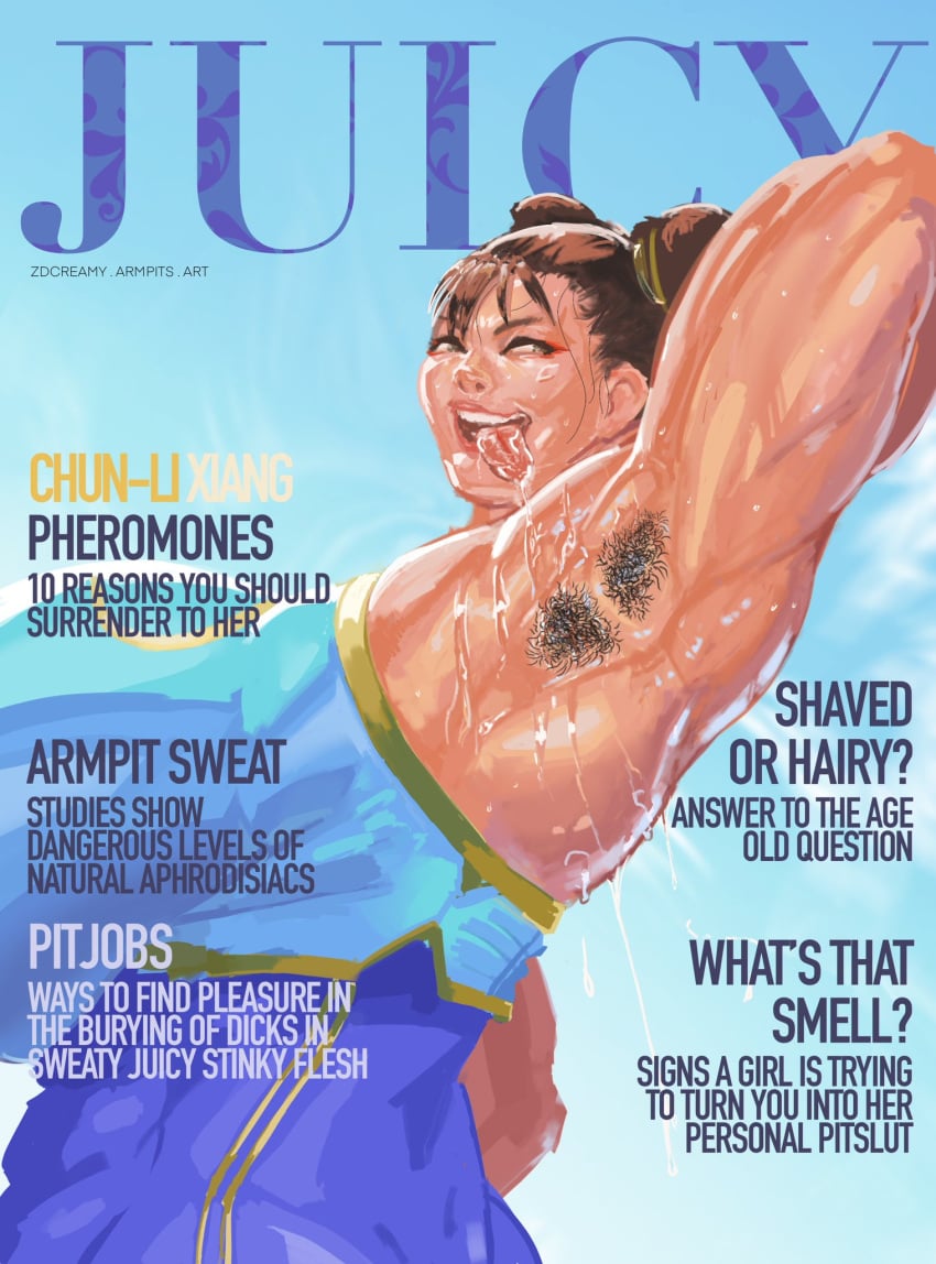 alternate_version_available armpits big_breasts capcom chun-li fetish hairy hairy_armpits magazine_cover muscular muscular_female street_fighter tongue zdgreen