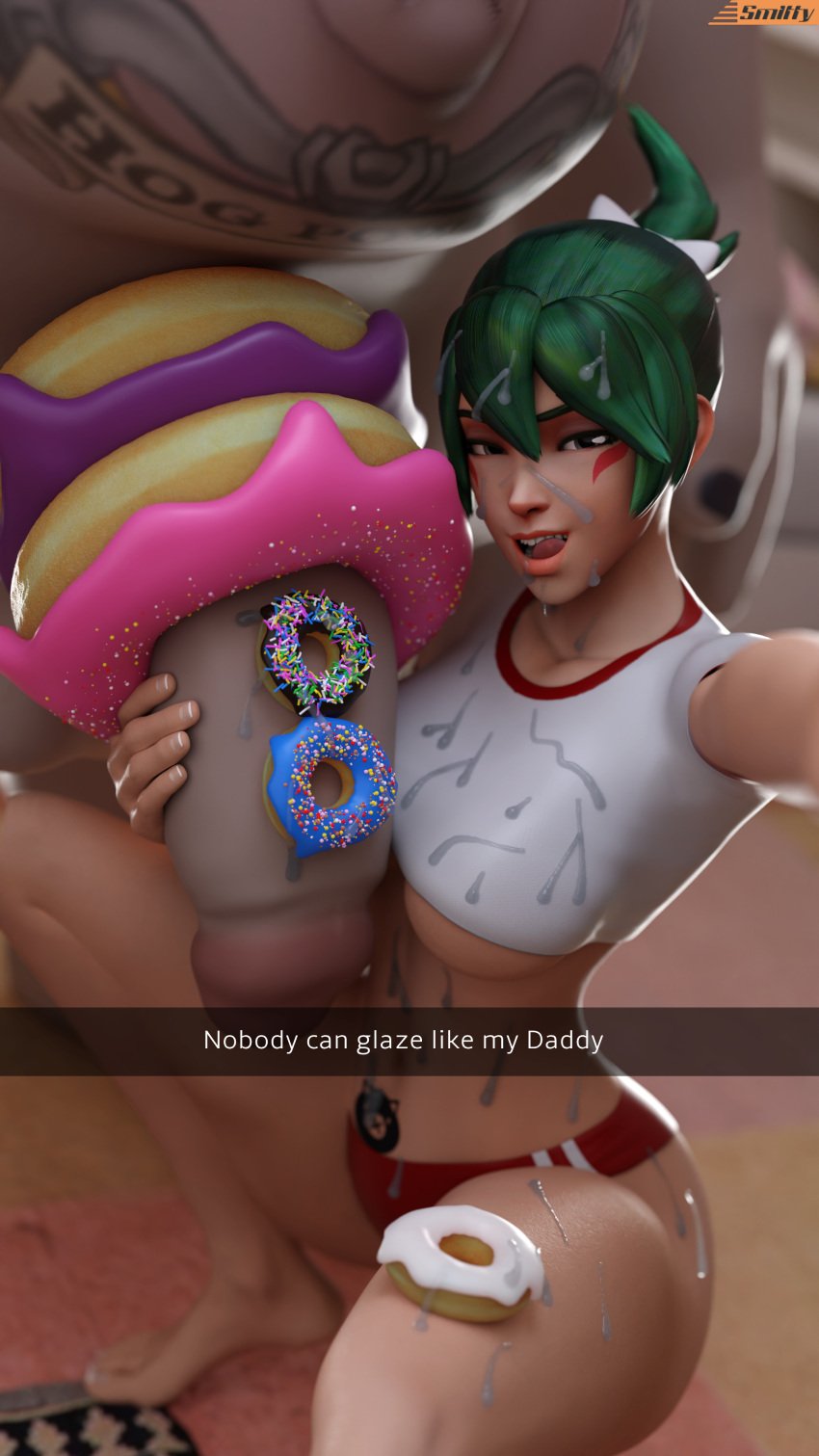 3d belly_tattoo big_dom_small_sub caption cum_covered donut food_penetration food_play green_hair gym gym_clothes huge_cock hyper_penis kiriko_(overwatch) licking_lips overwatch overwatch_2 pubic_tattoo roadhog selfie short_shorts showing_off smitty34 squatting