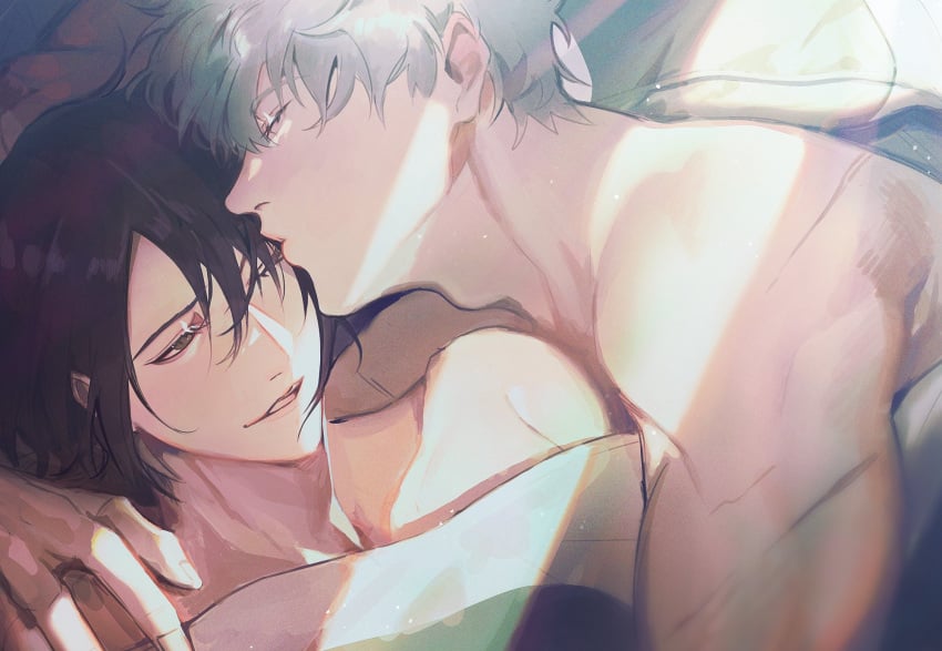 after_sex bishonen black_hair dark_purple_hair gay gintama gintoki_sakata in_bed intimate kissing kissing_head male male_only morning_after not0910butter nude on_bed one_eye_closed purple_hair scars smile takasugi_shinsuke upper_body white_hair wholesome yaoi