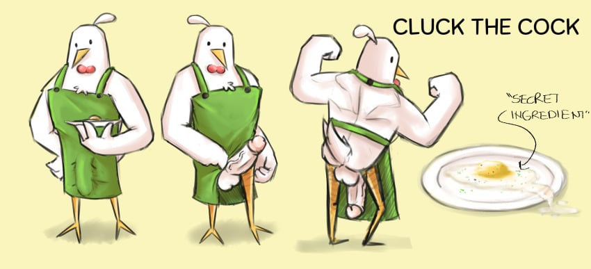 ambiguous_gender anthro apron apron_only avian balls beak big_penis bird bodily_fluids chef chicken clothing digital_media_(artwork) egg fan_character feathers galliform gallus_(genus) genital_fluids genitals hi_res humanoid male male_only mammal mostly_nude muscular nippleless notsafeforwanking nude penis phasianid simple_background solo white_body