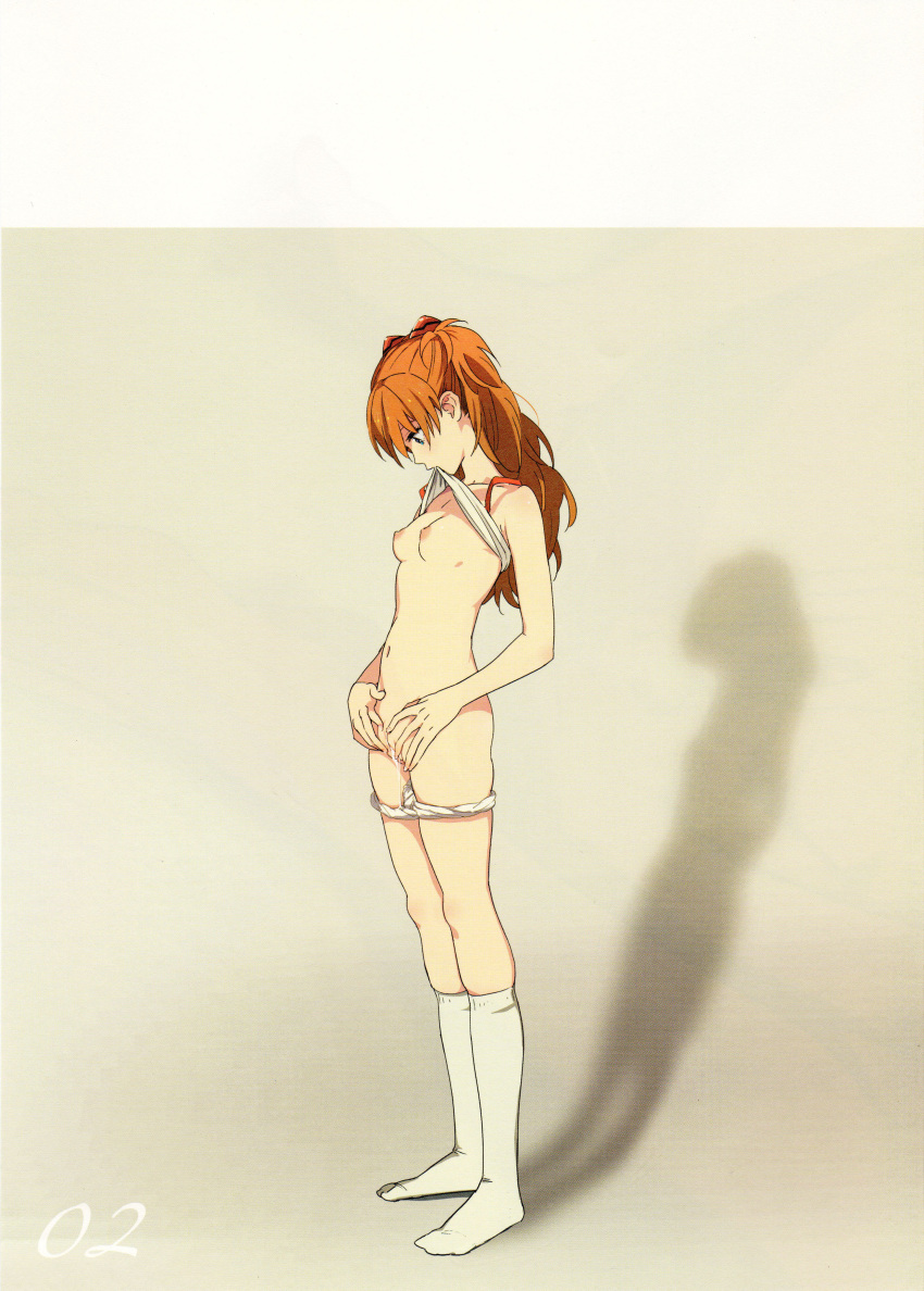 absurdres bad_link blue_eyes bra bra_lift breasts censored collarbone female female_masturbation fingering highres long_hair looking_down masturbation mebae mouth_hold navel neon_genesis_evangelion nipples orange_hair panties panty_pull pussy pussy_juice pussy_juice_trail scan shadow skindentation small_breasts socks solo souryuu_asuka_langley tank_top underwear underwear_only white_panties white_socks