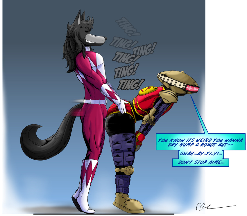 aime_westly_(babyaren) alpha_5_(power_rangers) android anthro anthro_on_machine ass babyaren big_butt black_body black_fur bulge closed_eyes clothed clothed_sex clothing dry_humping duo fur group hair hi_res humanoid long_hair machine male male/male mighty_morphin_power_rangers multicolored_body multicolored_fur onomatopoeia power_rangers power_rangers_zeo robot sex simple_background sound_effects speech_bubble text two_tone_body two_tone_fur