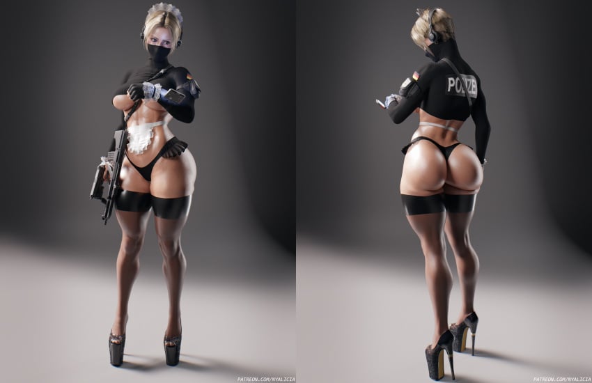 ass big_ass big_breasts breasts clothing dat_ass enmaided female firearm german germany gun human iq_(rainbow_six) maid maid_headdress maid_outfit maid_uniform monika_weiss nyalicia pale_skin pistol polizei rainbow_six rainbow_six_siege rifle tactical_gear underboob weapon