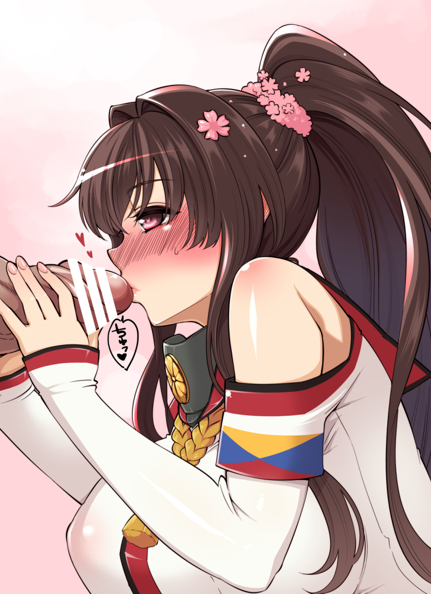 blush brown_eyes brown_hair censored cherry_blossoms detached_sleeves fellatio female flower hair_flower hair_ornament hanauna highres kantai_collection long_hair oral penis penis_kiss ponytail tied_hair very_long_hair yamato_(kantai_collection)