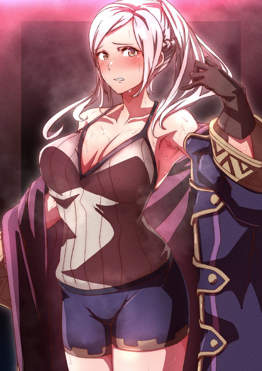 1girls breasts cleavage female female_only fire_emblem fire_emblem_awakening grey_hair large_breasts musk nintendo robin_(fire_emblem) robin_(fire_emblem)_(female) shorts solo steaming_body sweat thighs to_(tototo_tk) twintails yellow_eyes