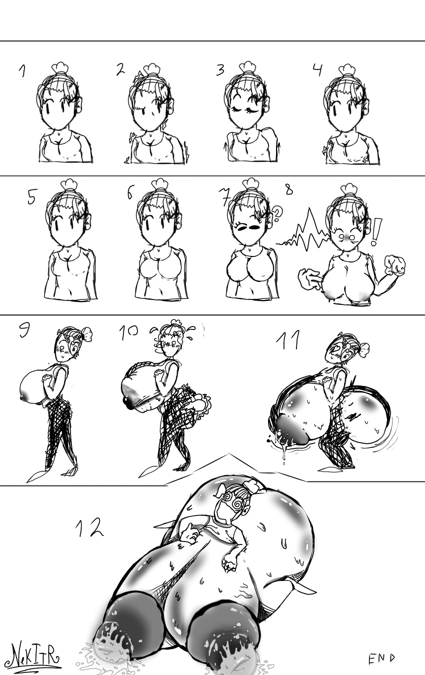 1girls 2d 2d_(artwork) ass ass_expansion breast_expansion breast_squeeze breasts clothes_removed comic expansion horny horny_female inflation lactation milk pants shiny_skin shocked shy sketch torn_clothes undershirt