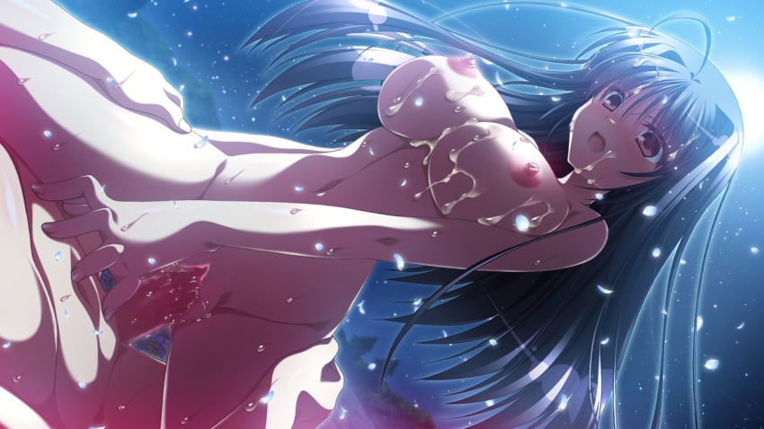 ahoge areolae black_hair blush breasts cum cum_on_breasts cum_on_hair facial female field flower flower_field game_cg long_hair male minori moon natsuzora_no_perseus navel night nipples nude open_mouth outdoors penis petals pussy red_eyes sex shouna_mitsuishi straight tohno_ren uncensored vaginal_penetration yuzuna_hiyo