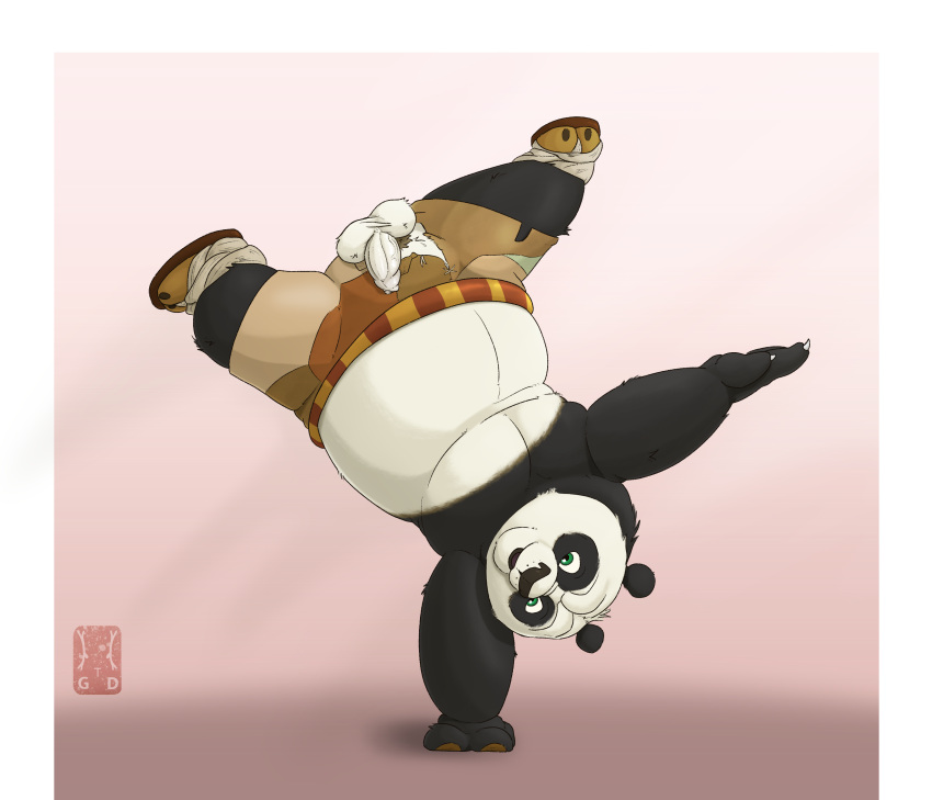 2024 absurd_res anthro balls bear belly border bottomwear clothing colored digital_media_(artwork) dreamworks flaccid footwear foreskin full-length_portrait furry garo_(artist) genitals giant_panda handstand hi_res kung_fu_panda male mammal master_po_ping pants penis po portrait pubes sandals shaded simple_background solo spread_legs spreading surprised_expression wardrobe_malfunction