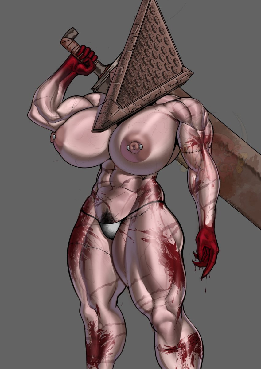 1girls big_ass big_breasts blood casual dongeorgep female headwear huge_breasts muscular_arms muscular_back muscular_female pale_skin pyramid_head rule_63 silent_hill weapon