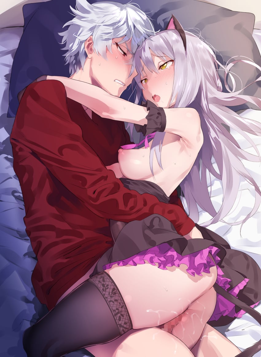 1boy absurdres animal_ears armpits asahi_nayuta bang_dream! bed black_gloves black_thighhighs blush bottomless breasts cat_ears cat_tail censored commission commissioner_upload fake_animal_ears female frills from_argonavis gloves grey_hair hands_on_another's_shoulders highres implied_sex layered_skirt long_hair medium_breasts minato_yukina mosaic_censoring nanaichi neck_ribbon nipples no_pants non-web_source oerba_yun_fang on_bed partially_undressed pillow purple_ribbon pussy_juice red_eyes ribbon sex skeb_commission skirt straight sweat sweater tail teeth thighhighs vaginal_penetration yellow_eyes